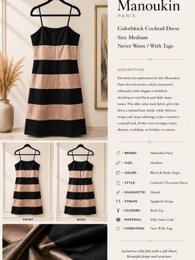 Manoukin Paris Black and Dark Taupe Striped Cocktail Dress